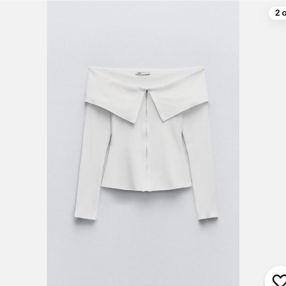 NWT Zara White Off-Shoulder Zip up ribbed Top shirt SS24 S/XS